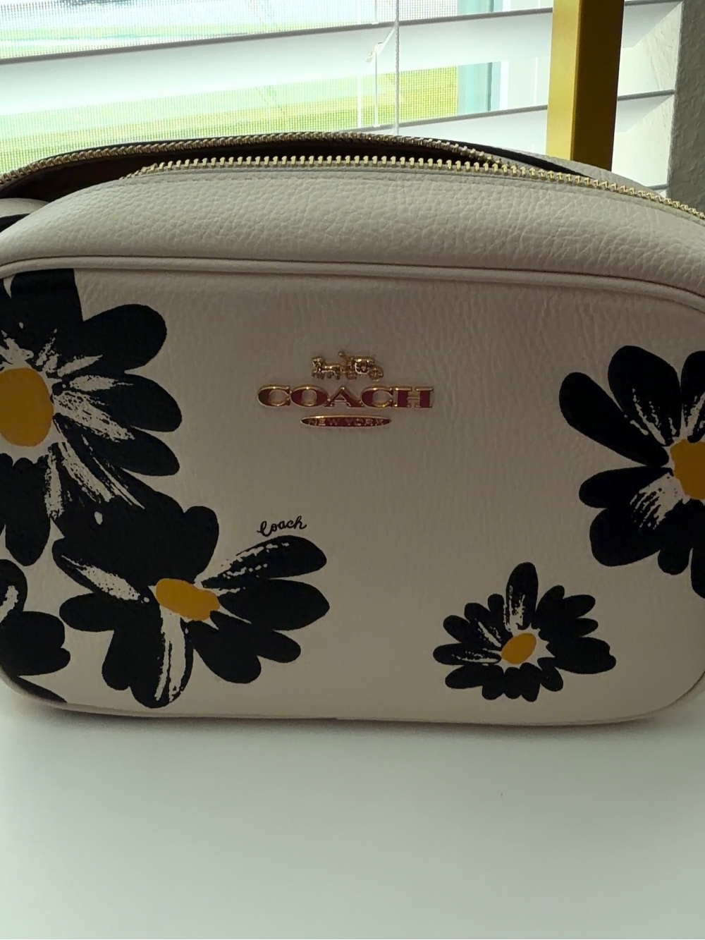 Coach White Leather Crossbody Bag with Black and Yellow Daisy Print